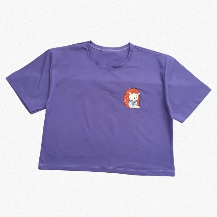 کراپ تیشرت طرح جوجه تیغی بنفش