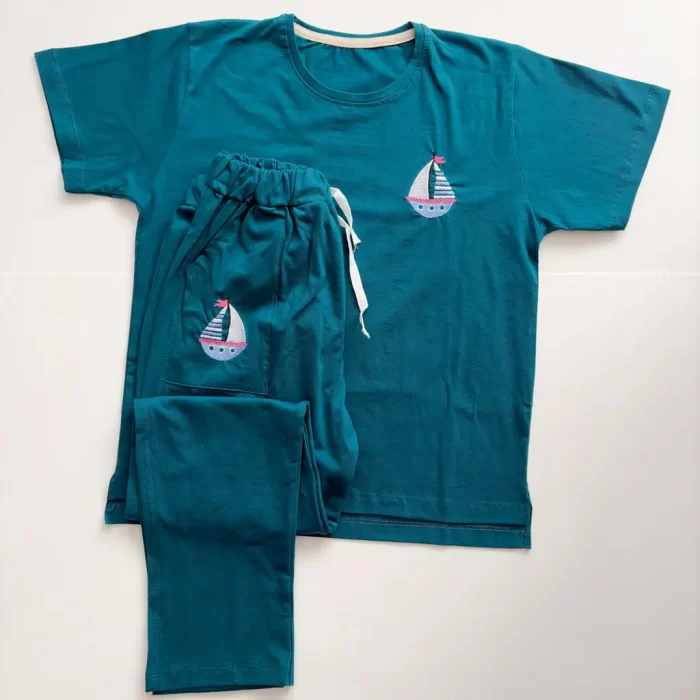 Set Jibdar Ghayegh6 تیشرت شلوار جیبدار گلدوزی قایق سبز تیفانی