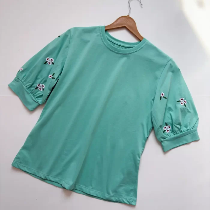 تیشرت آستین سه ربع بهار سبز پاستلی