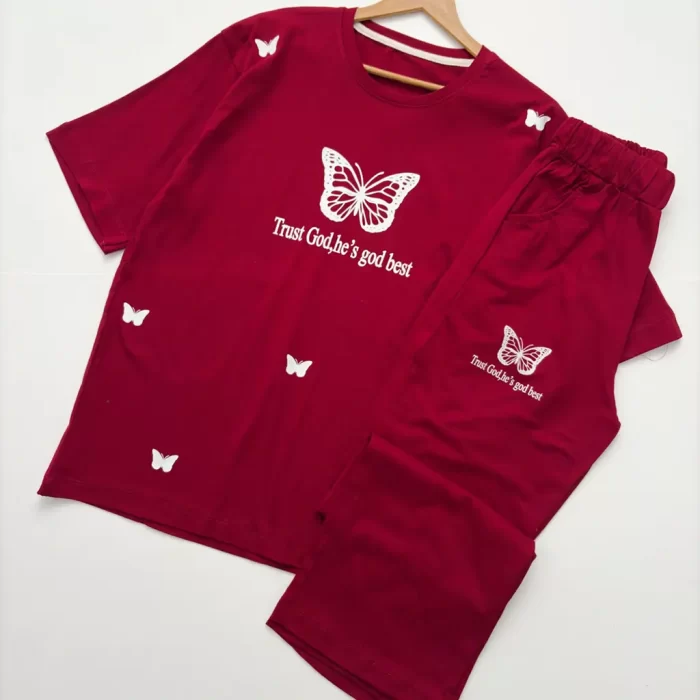 تیشرت و شلوار لانگ و بگ پروانه زرشکی