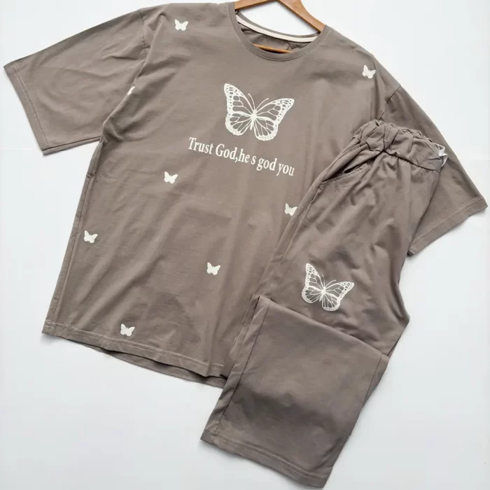 تیشرت و شلوار لانگ و بگ پروانه خاکی