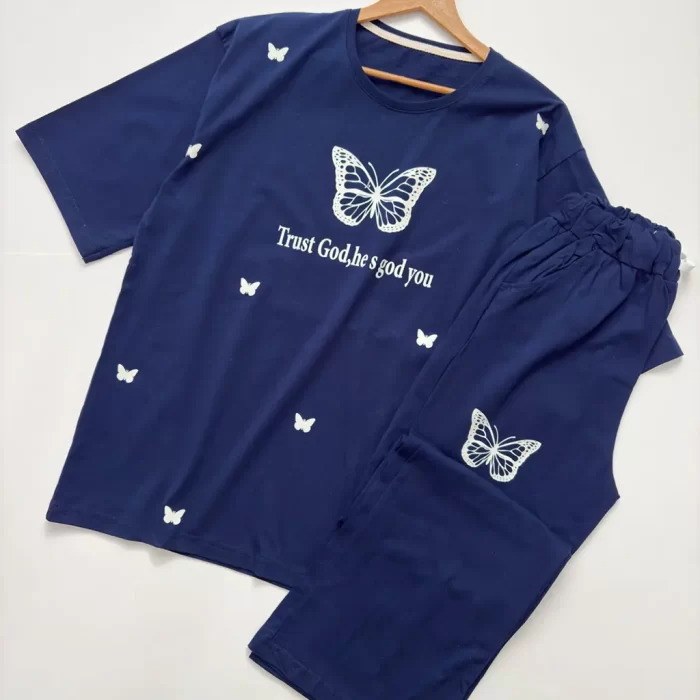 تیشرت و شلوار لانگ و بگ پروانه سورمه ای