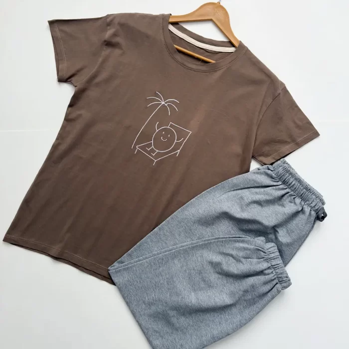 ست تیشرت شلوار دایره خوشحال زیتونی