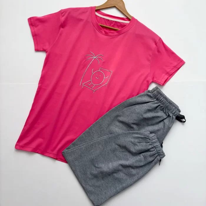 ست تیشرت شلوار دایره خوشحال صورتی