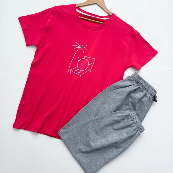 ست تیشرت شلوار دایره خوشحال سرخابی