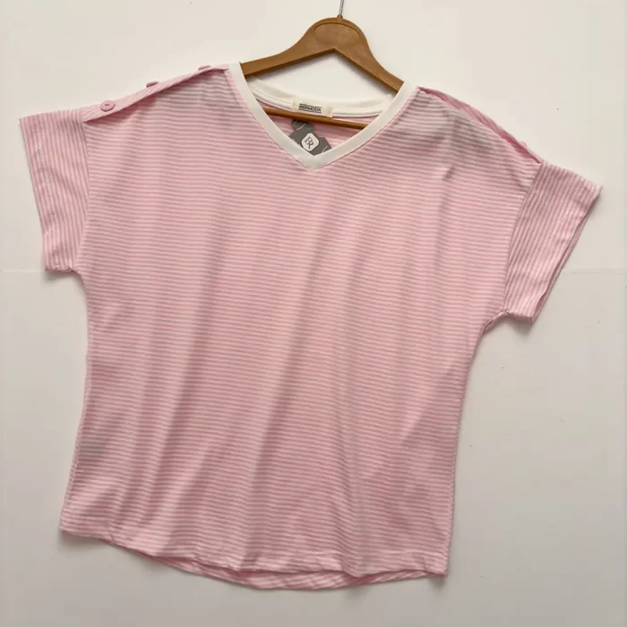 تیشرت راه راه سر شانه دکمه صورتی