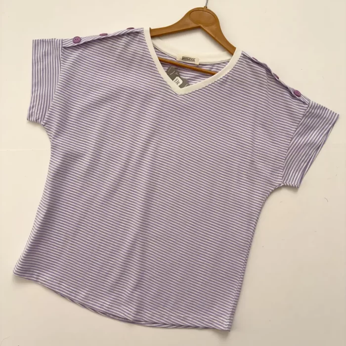 تیشرت راه راه سر شانه دکمه بنفش