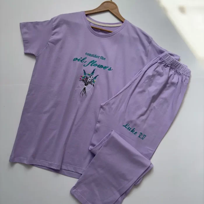 ست تیشرت و شلوار گلی بنفش