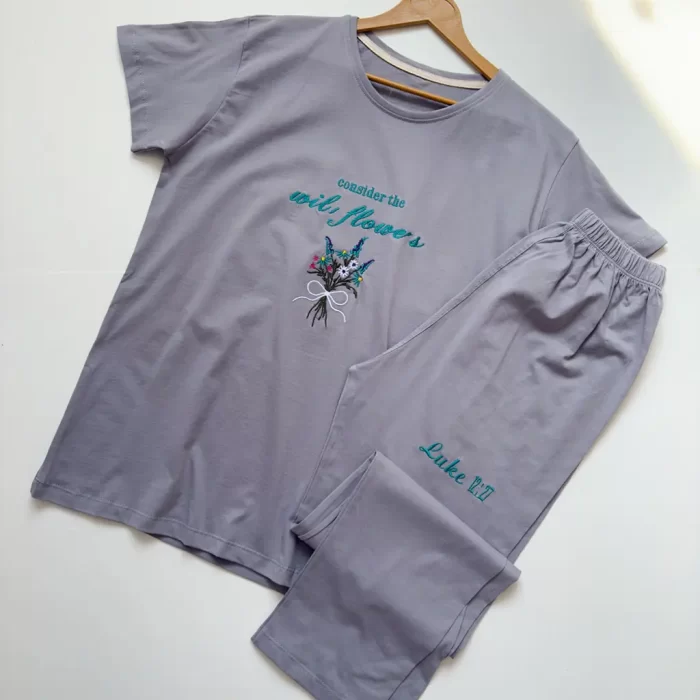 ست تیشرت و شلوار گلی طوسی