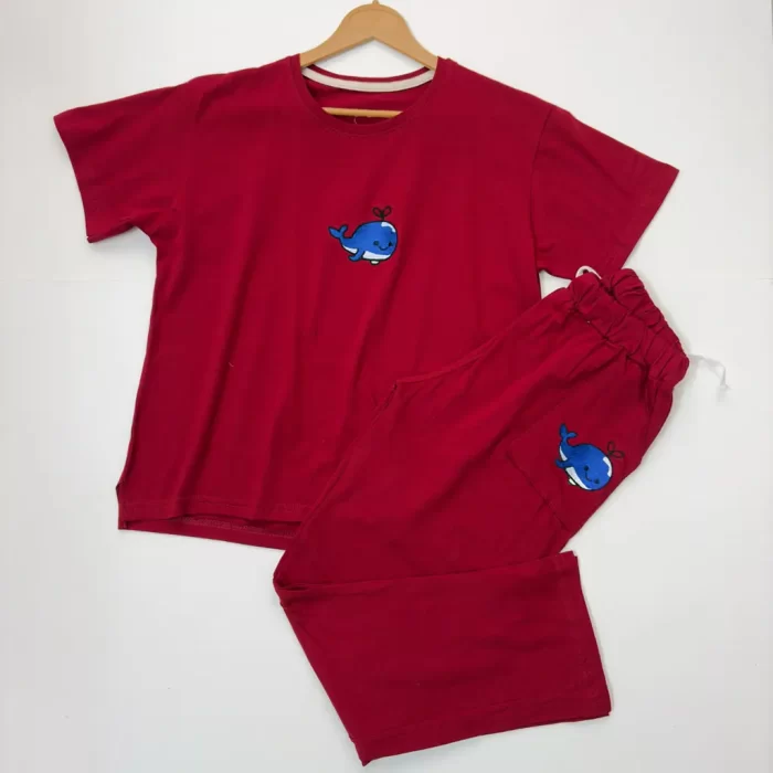 ست تیشرت و شلوار نهنگ زرشکی