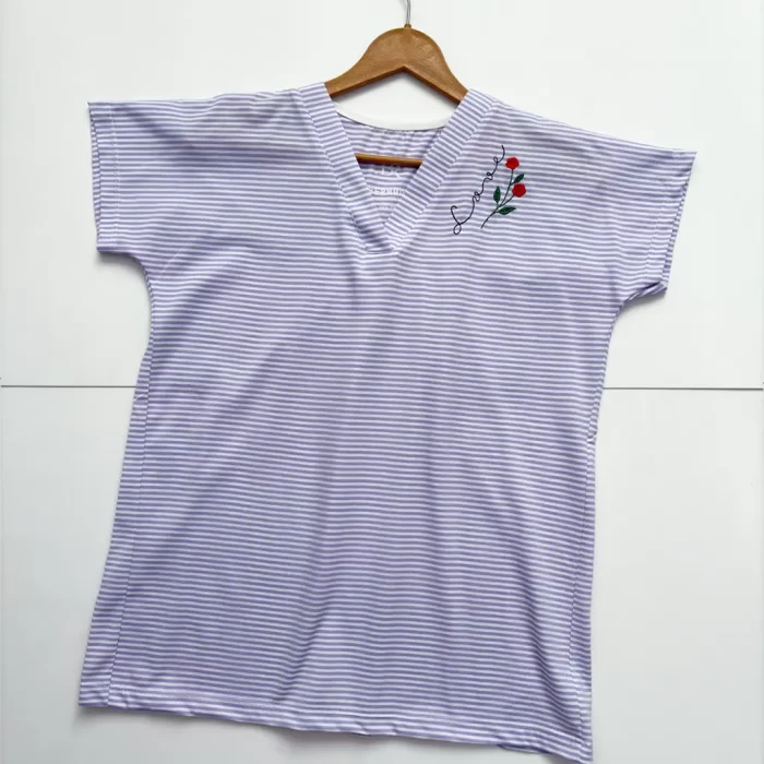 تیشرت راه راه گلدوزی یاسی