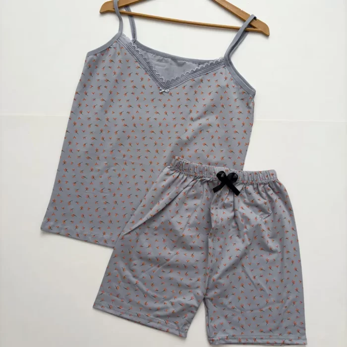 ست تاپ شورتک گلدار طوسی