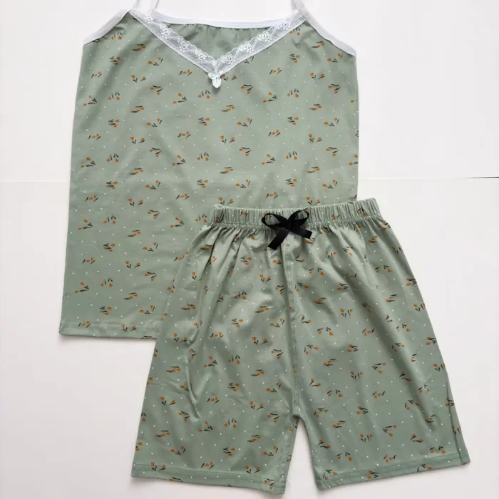 ست تاپ شورتک گلدار سبز