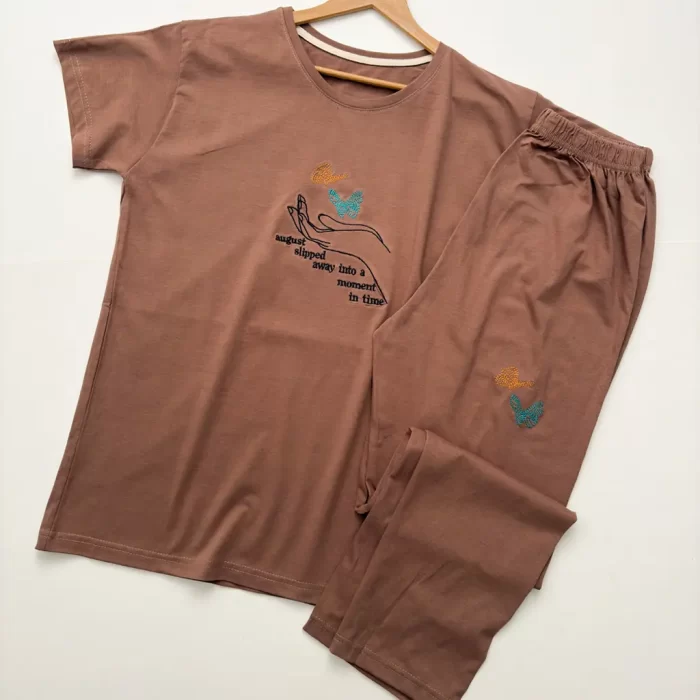 ست تیشرت و شلوار دست و گل قهوه ای