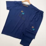 ست تیشرت و شلوار دست و گل آبی نفتی