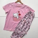 ست تیشرت و شلوار عروسکی صورتی گربه و قلب