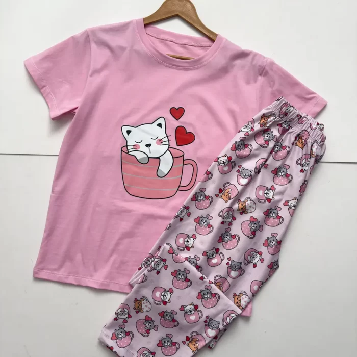 ست تیشرت و شلوار عروسکی صورتی گربه و قلب